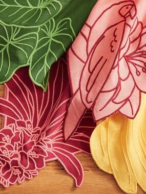 FARM Rio Tropical Bird Embroidered Napkin- set of 2 | red berry | NWT